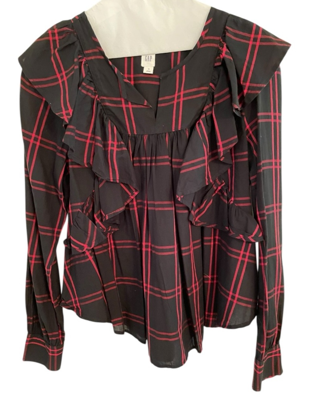GAP Cascade Ruffle Black Red Plaid Shirt Size M Boho Romantic Holiday